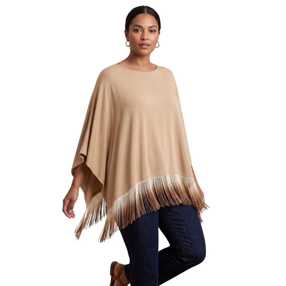 ✨ Chico's Travelers Ombre Fringe Poncho Top Tan NWOT S/M
